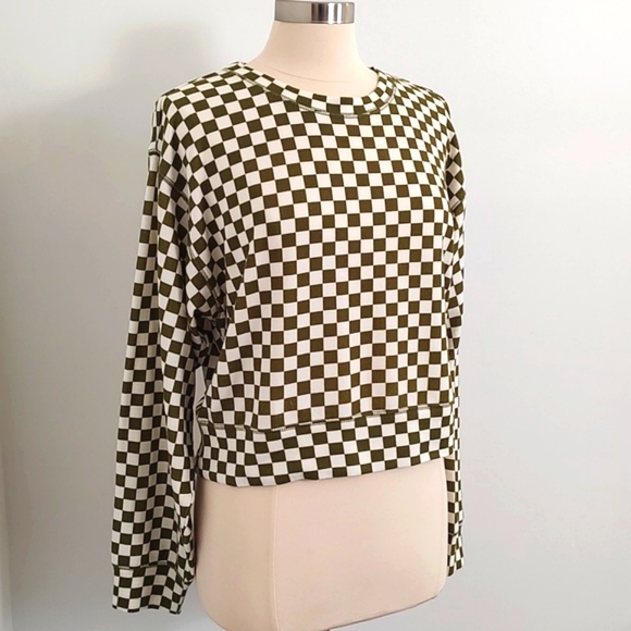 Double Zero Tops - Double Zero Checkered Boxy Cropped Sweatshirt/ Size L